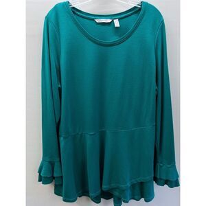 Isaac Mizrahi Live! Women's Size 1X Long-Sleeve Top Peplum Asymmetric Hem Teal